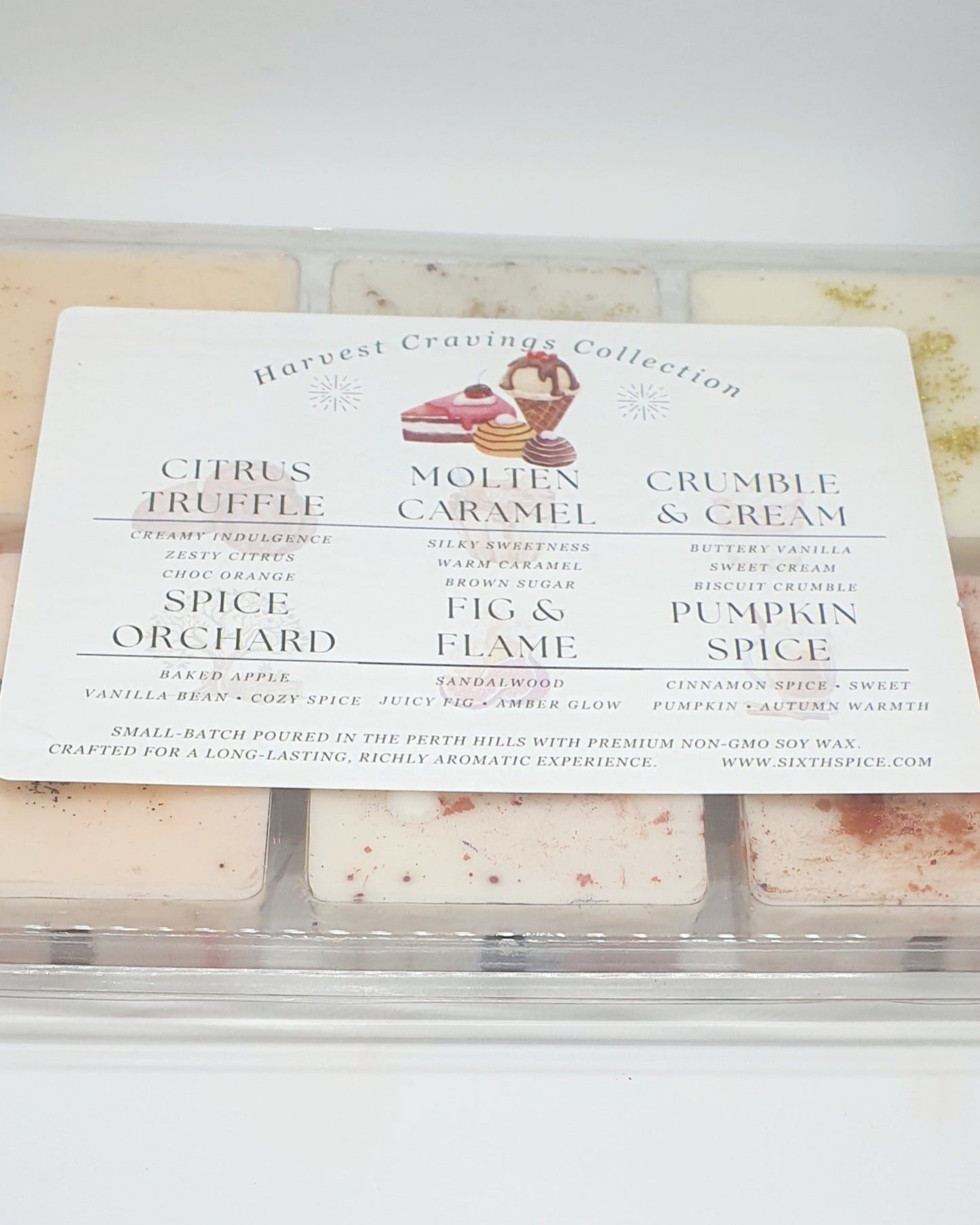 Harvest Cravings Collection of sweet scented soy wax melts with a label on a white background