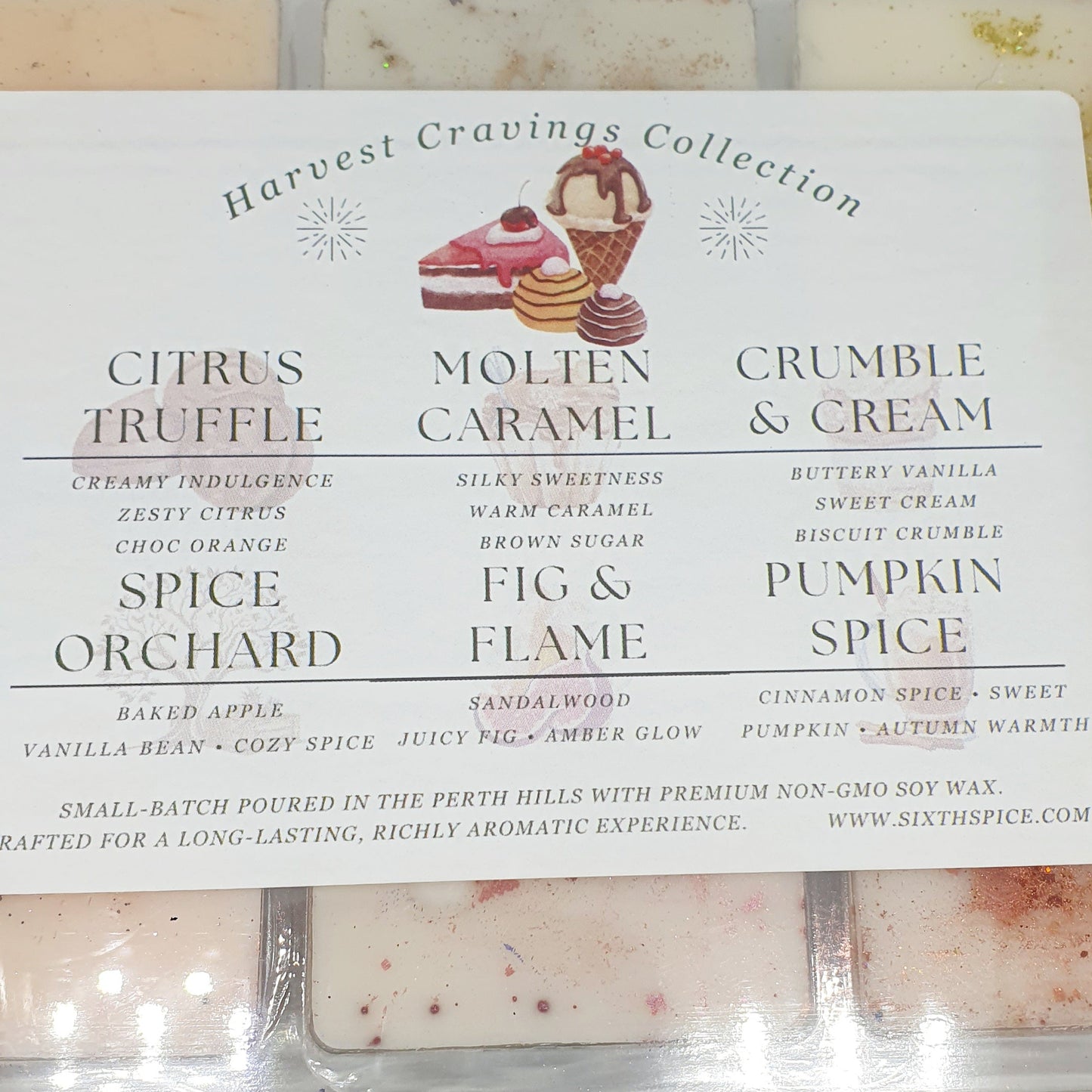 Harvest Cravings Collection wax melt packaging with various scents on a white background