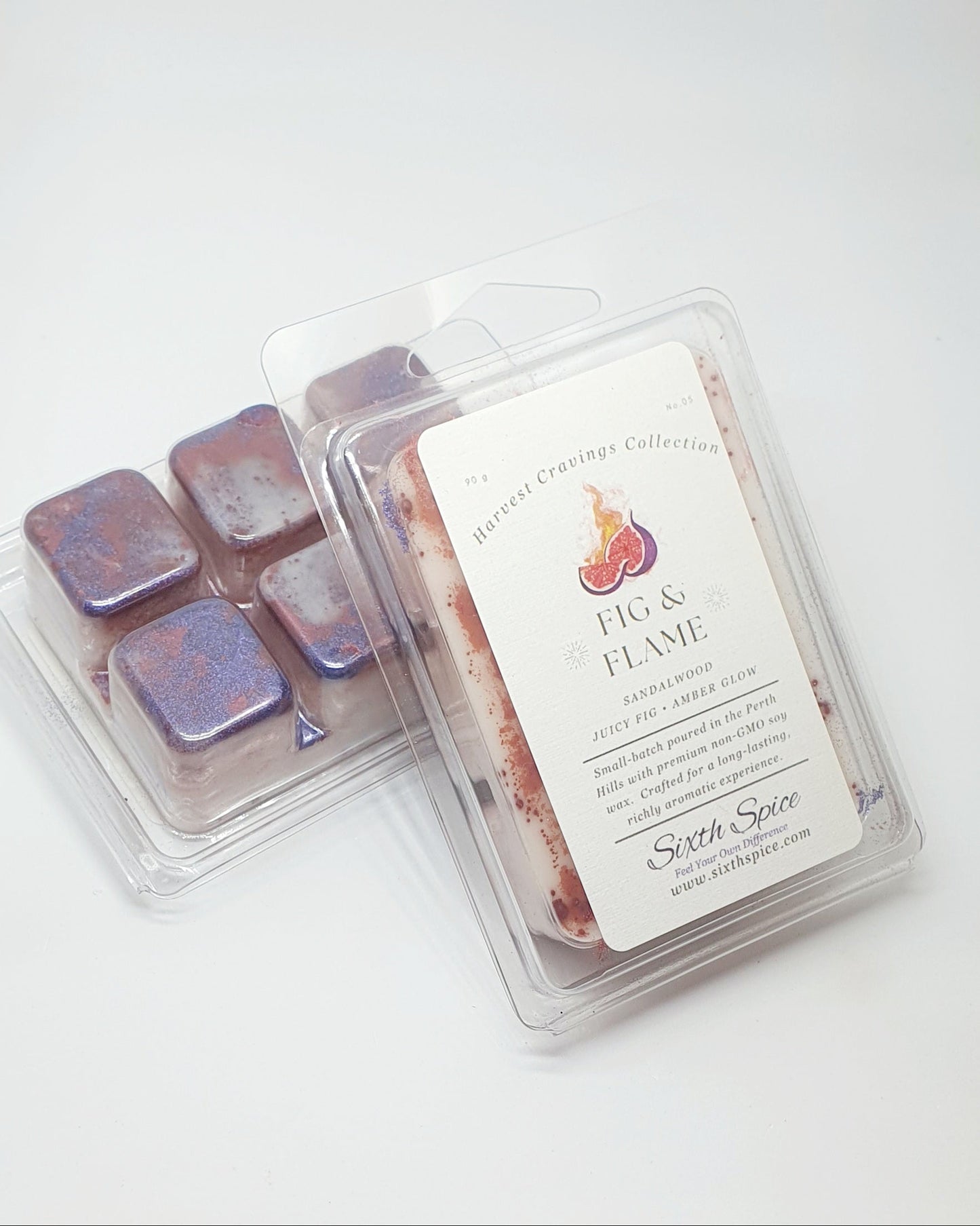Packaged wax melts with a label on a white background