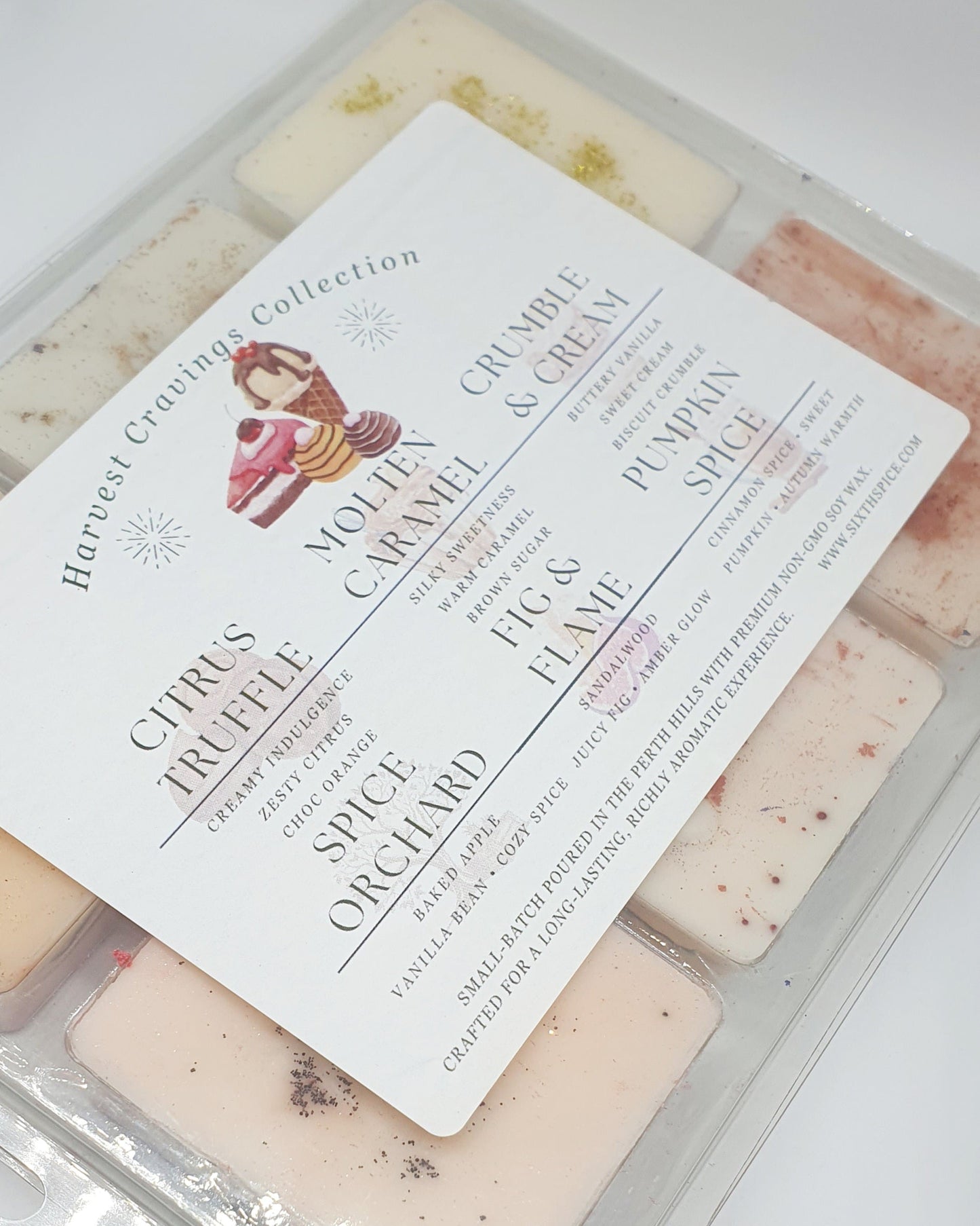 Harvest Cravings Collection Wax Melts with a label on a white background