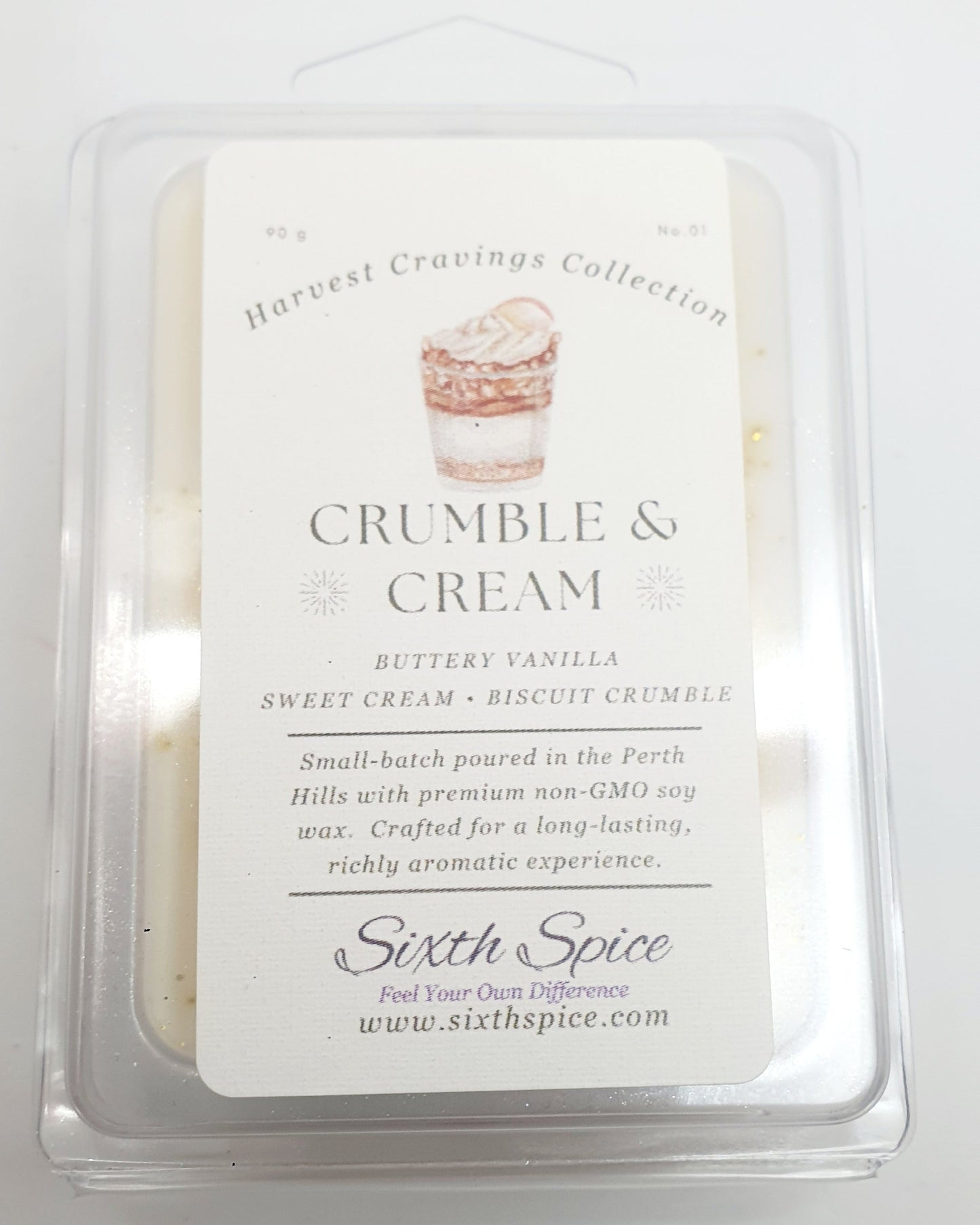 Sixth Spice 'Crumble & Cream' wax melt in a clear packaging on a white background