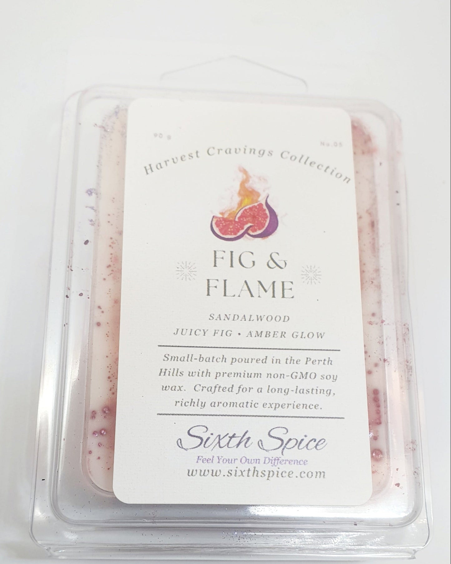Packaged wax melt with 'Fig & Flame' label on a white background