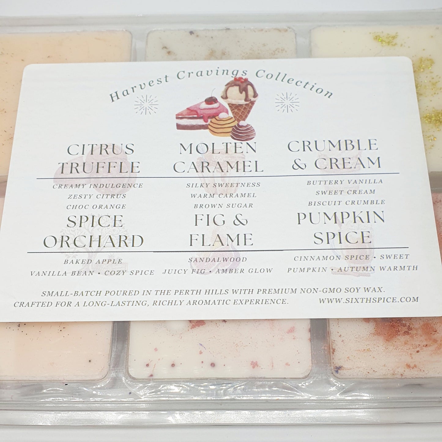 Harvest Cravings Collection wax melts with labels on a white background