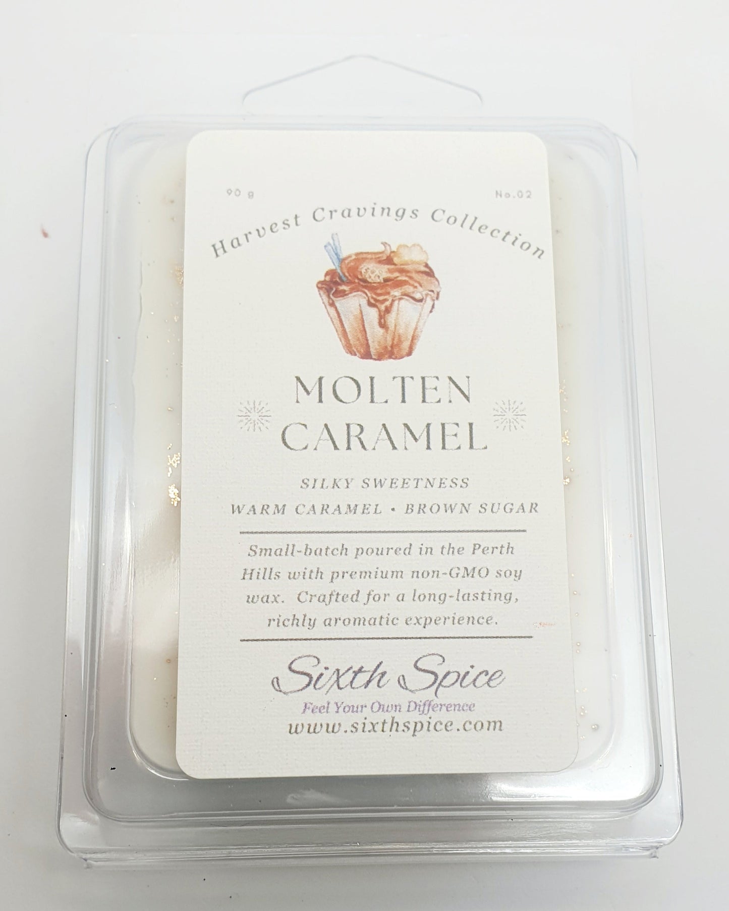 Sixth Spice Molten Caramel wax melt packaging on a white background