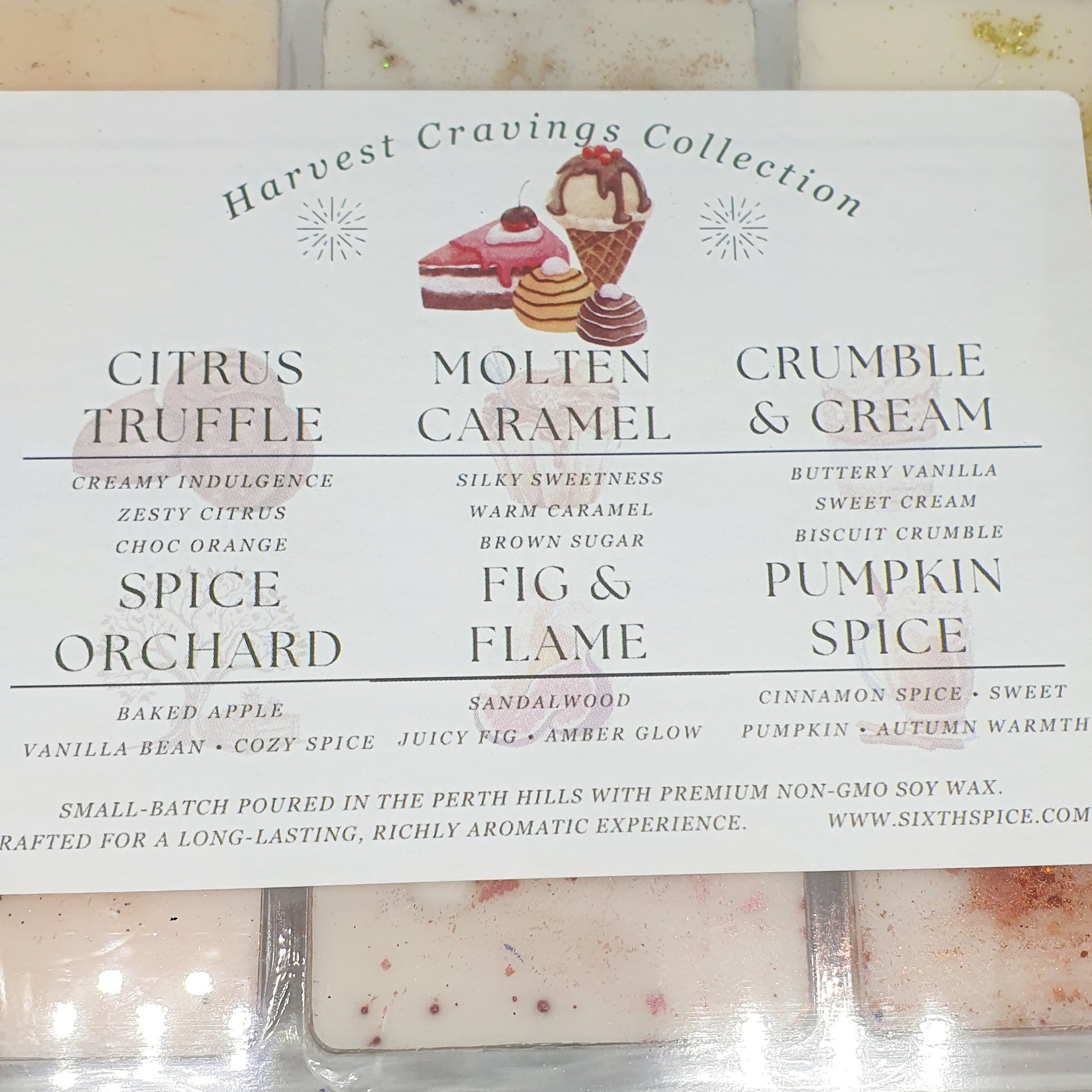 Harvest Cravings Collection wax melt packaging with various scents on a white background