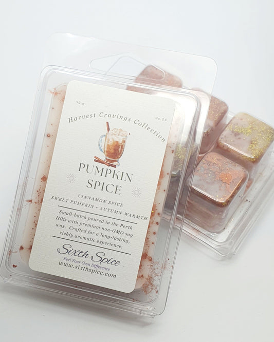 Pumpkin spice wax melts in clear packaging on a white background