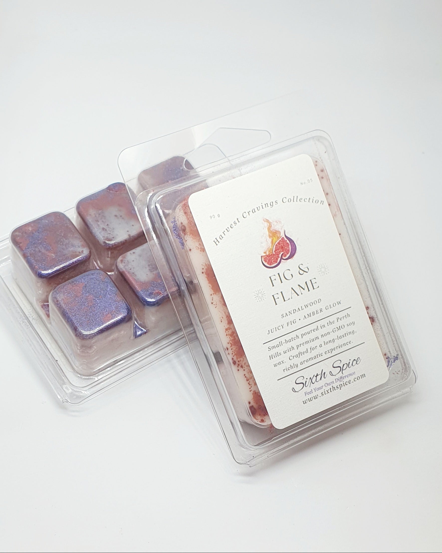 Packaged wax melts with a label on a white background