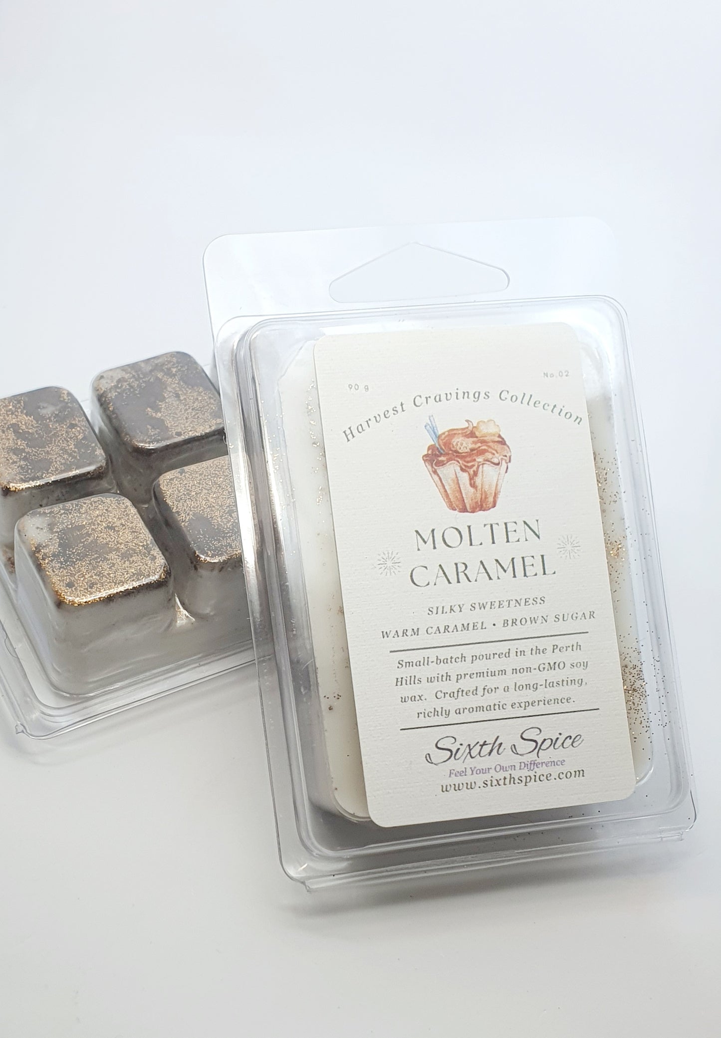 Wax melts in a clear container with a label on a white background