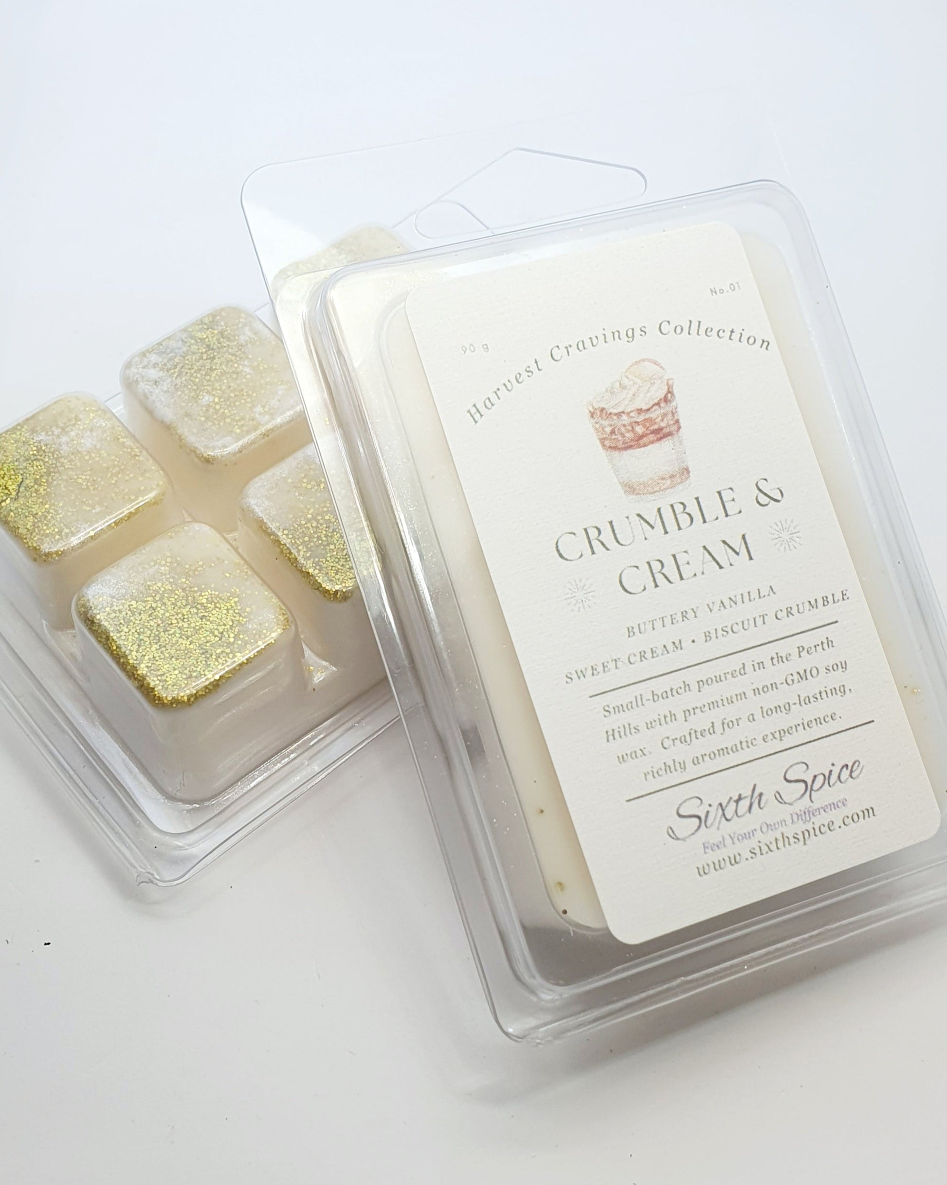 Wax melts in a clear packaging with 'Crumble & Cream' label on a white background