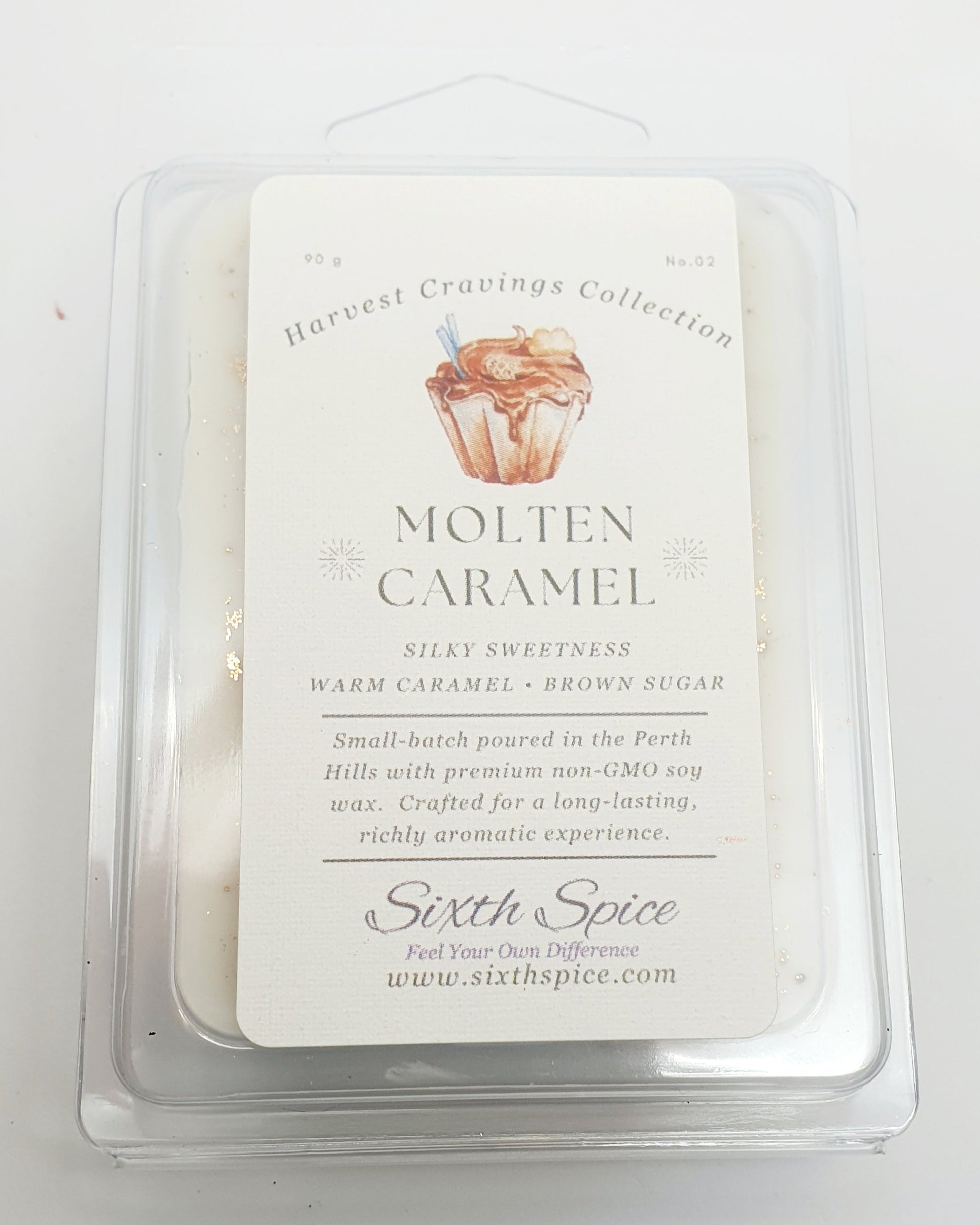 Sixth Spice Molten Caramel wax melt packaging on a white background